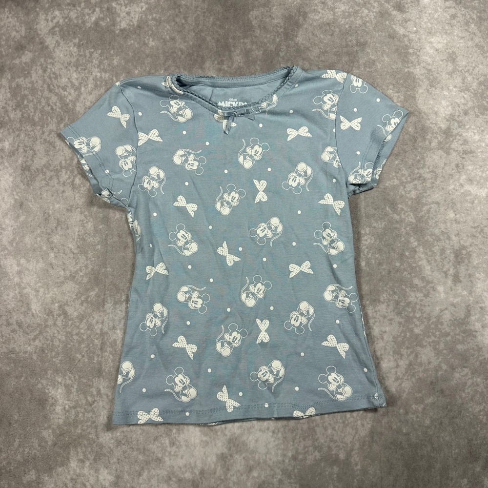 Disney Mickey and Friends Kids Blue Mickey Mouse Bow Print Cotton T Shirt Size S
